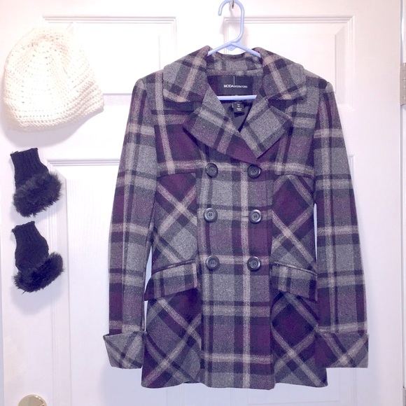 Moda International Wool Blend Purple Grey Plaid Tartan Winter Peacoat Women's XS - Picture 5 of 16